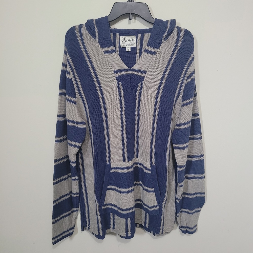 Lucky Brand Size Large Baja Hoodie Mens Blue Grey Striped Knit Pullover Sweater